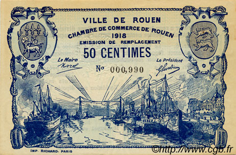 50 Centimes FRANCE régionalisme et divers Rouen 1918 JP.110.37 SPL à NEUF