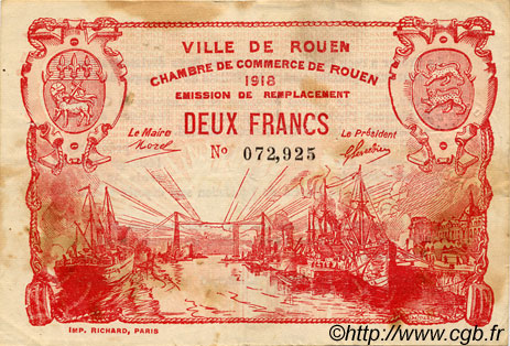 2 Francs FRANCE régionalisme et divers Rouen 1918 JP.110.41 TTB à SUP