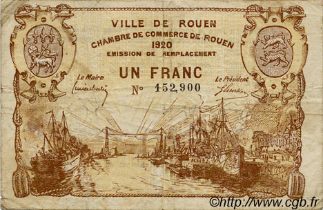 1 Franc FRANCE régionalisme et divers Rouen 1920 JP.110.50 TB