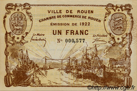 1 Franc FRANCE régionalisme et divers Rouen 1922 JP.110.65 SPL à NEUF