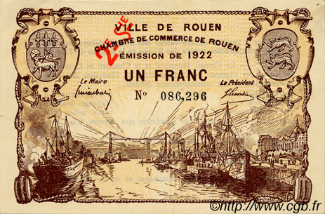 1 Franc FRANCE régionalisme et divers Rouen 1922 JP.110.68 TTB à SUP