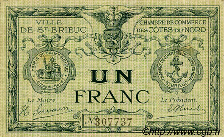 1 Franc FRANCE régionalisme et divers Saint-Brieuc 1918 JP.111.12 TTB à SUP