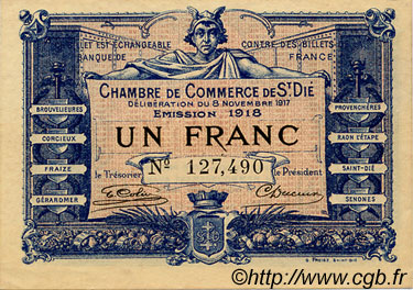 1 Franc FRANCE régionalisme et divers Saint-Die 1917 JP.112.11 SPL à NEUF