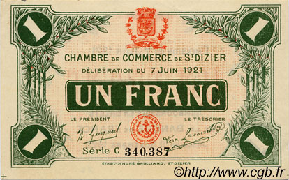 1 Franc FRANCE régionalisme et divers Saint-Dizier 1921 JP.113.22 SPL à NEUF