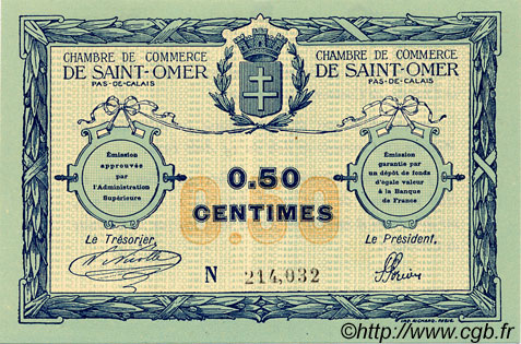 50 Centimes FRANCE régionalisme et divers Saint-Omer 1914 JP.115.01 TTB à SUP