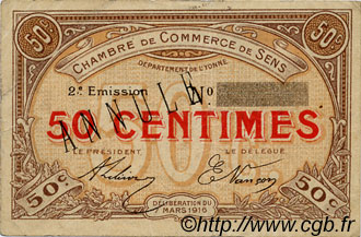 50 Centimes Annulé FRANCE régionalisme et divers Sens 1916 JP.118.03 TTB à SUP