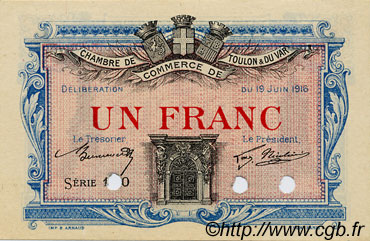 1 Franc Spécimen FRANCE régionalisme et divers Toulon 1916 JP.121.05 SPL à NEUF