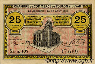 25 Centimes FRANCE régionalisme et divers Toulon 1921 JP.121.33 TTB à SUP