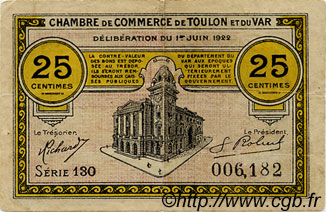 25 Centimes FRANCE régionalisme et divers Toulon 1922 JP.121.34 TB