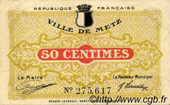 50 Centimes FRANCE régionalisme et divers Metz 1918 JP.131.01 TTB à SUP