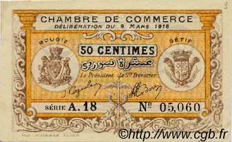 50 Centimes FRANCE régionalisme et divers Bougie, Sétif 1918 JP.139.03 TTB à SUP