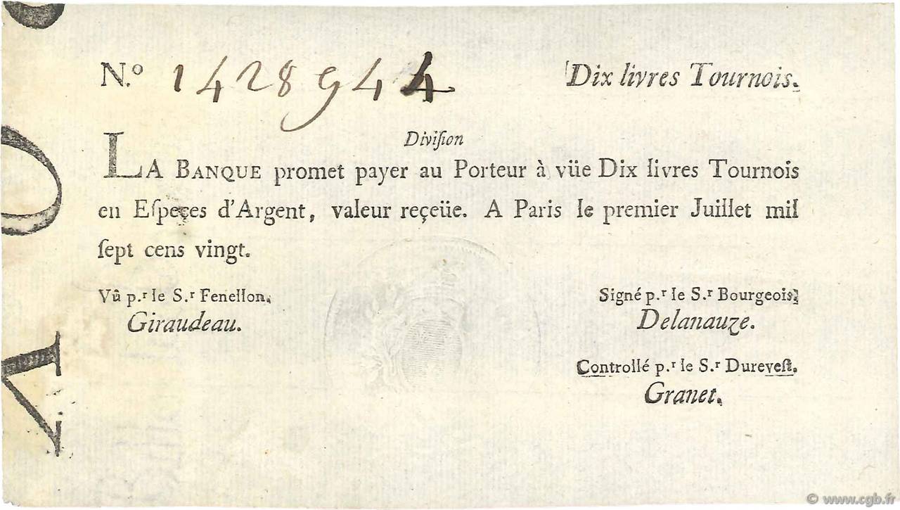 10 Livres Tournois typographié FRANKREICH  1720 Dor.22 VZ+