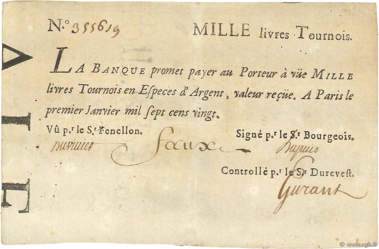 1000 Livres Tournois typographié Faux FRANCIA  1720 Dor.29 MBC+