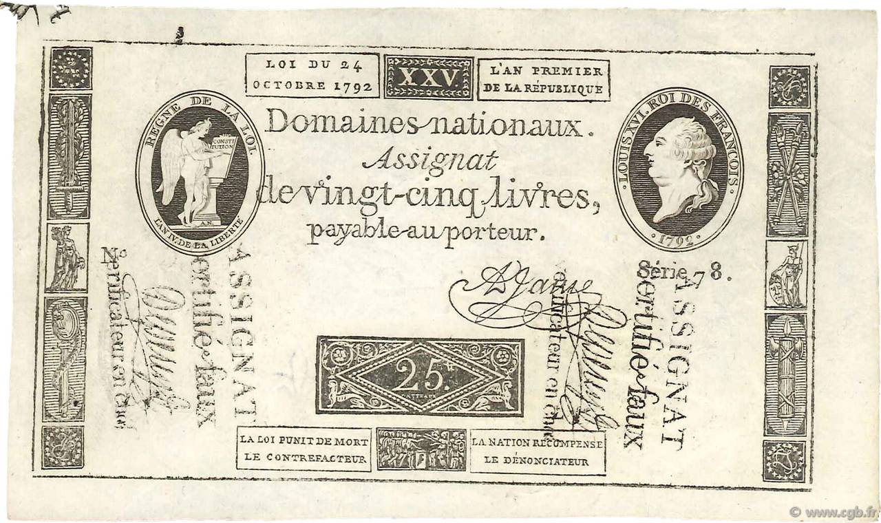 25 Livres Faux FRANCE  1792 Ass.37bx XF