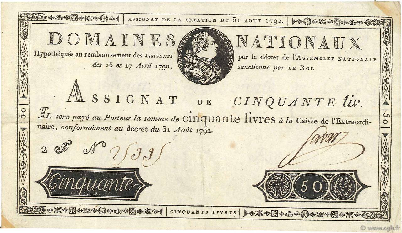50 Livres FRANCE  1792 Ass.32a SUP+
