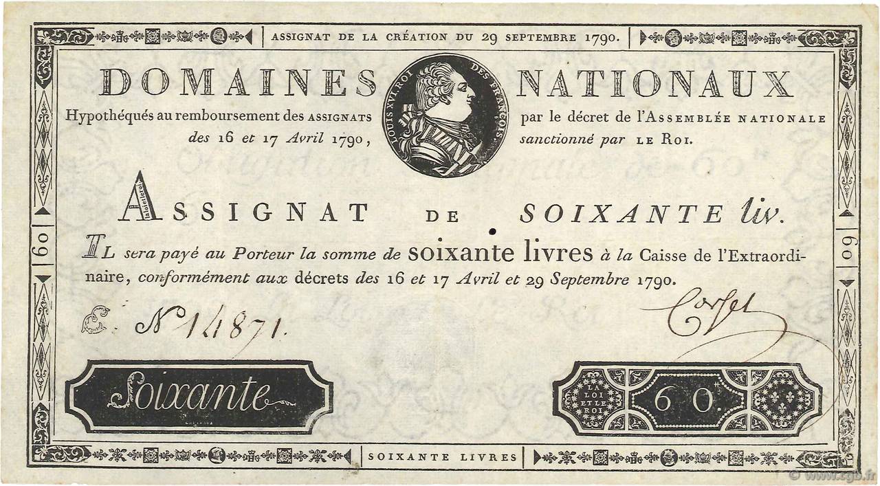 60 Livres FRANCE  1790 Ass.05a XF
