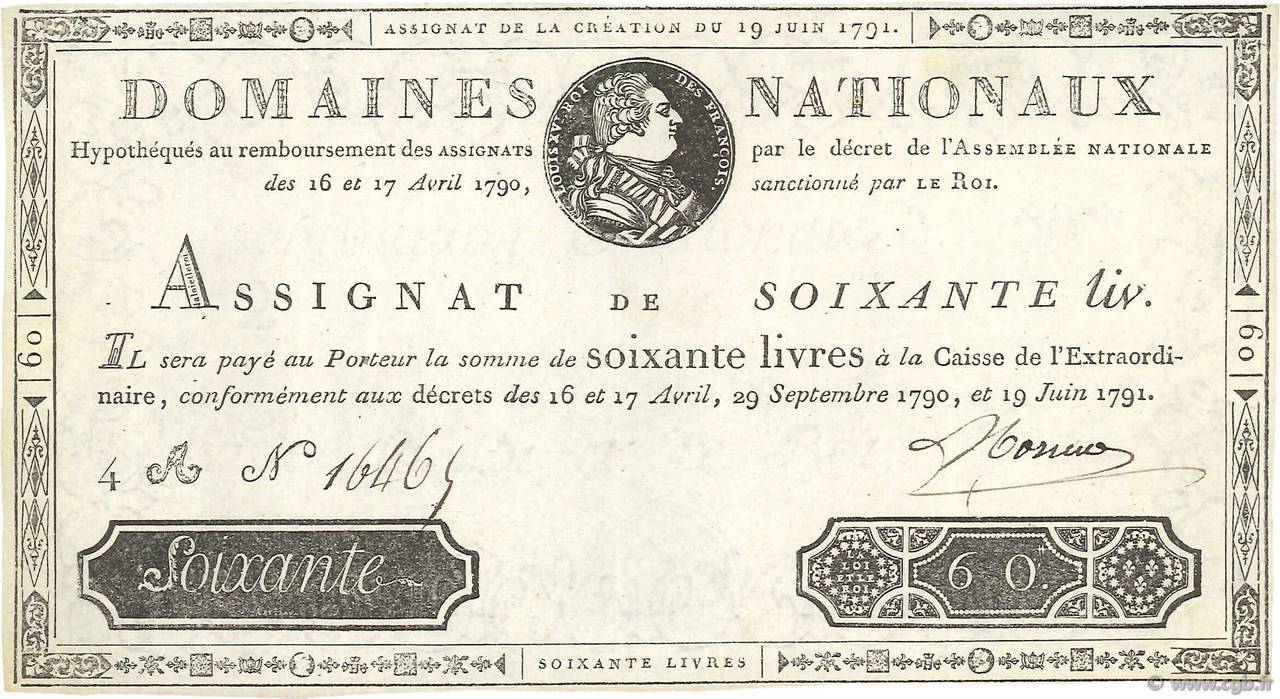 60 Livres FRANCE  1791 Ass.14a XF+