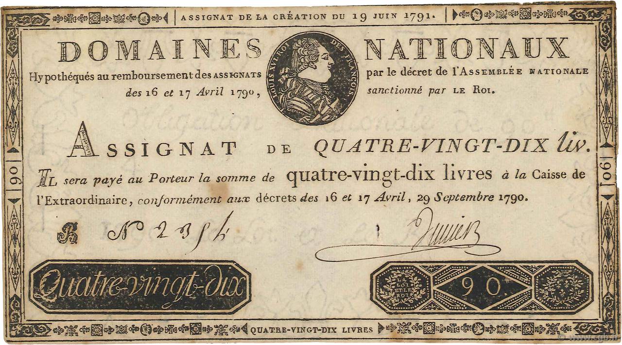 90 Livres Faux FRANCE  1790 Ass.08b VF