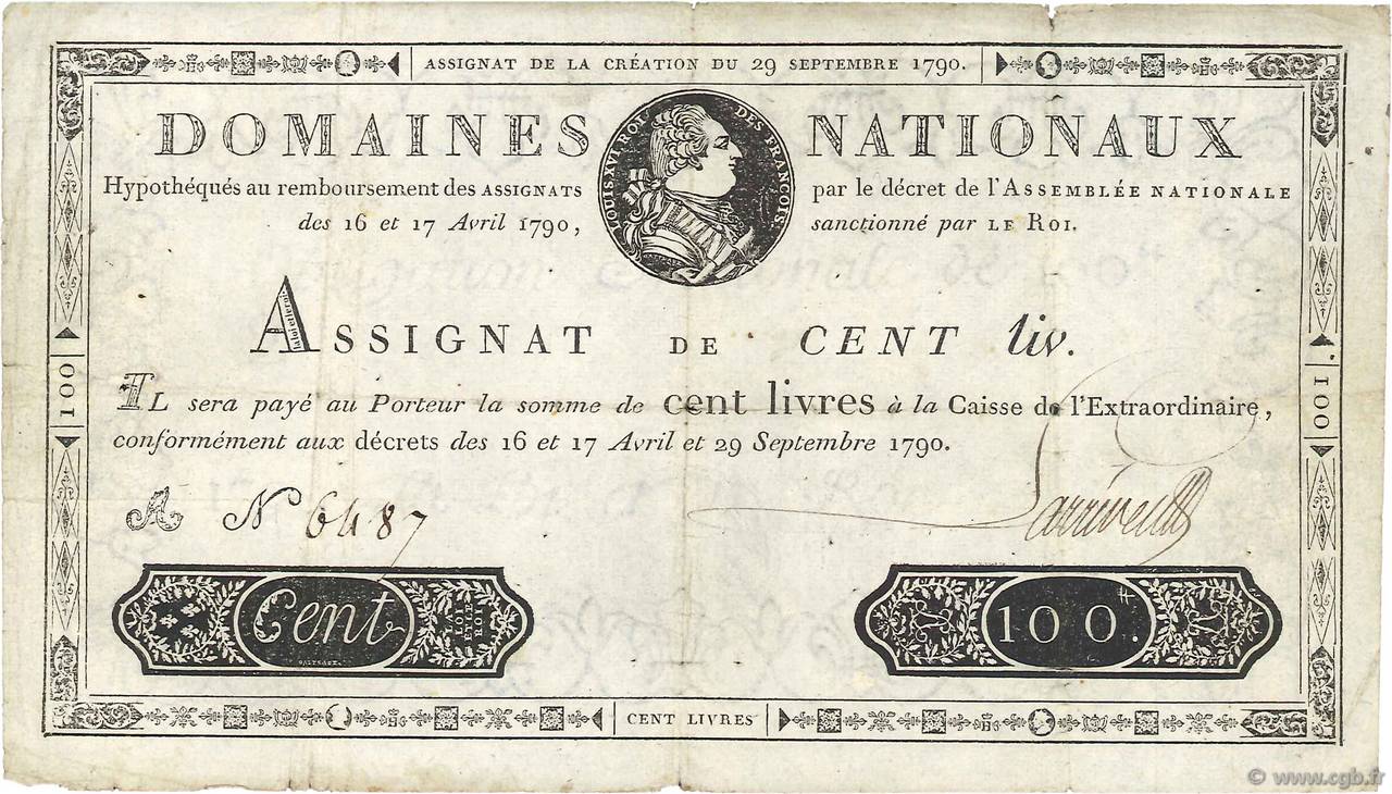 100 Livres FRANCE  1790 Ass.09a VF-