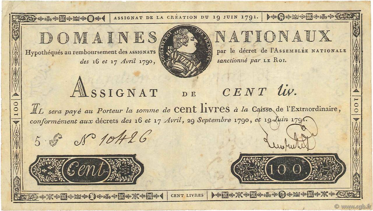 100 Livres FRANCE  1791 Ass.15a VF+