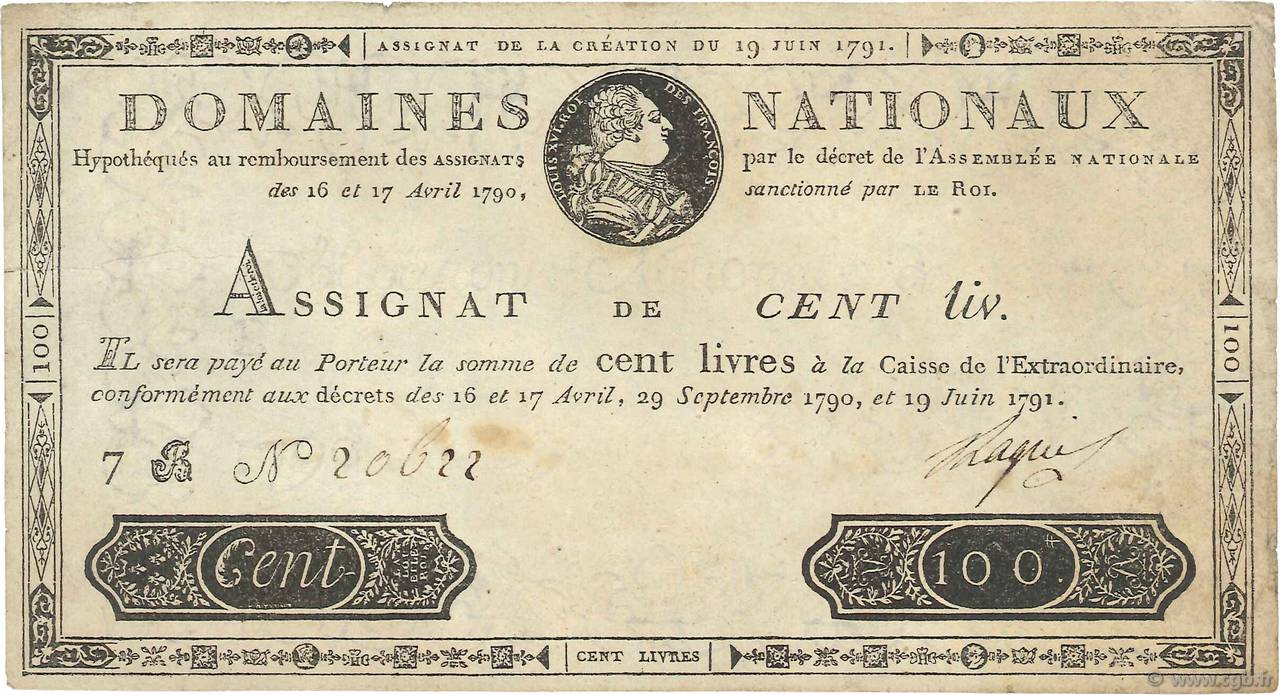100 Livres FRANKREICH  1791 Ass.15b SS