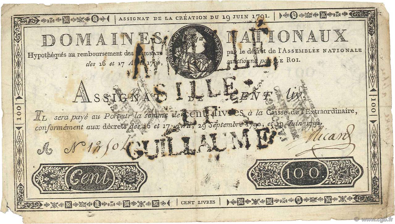 100 Livres Annulé FRANCIA  1791 Ass.15b q.BB