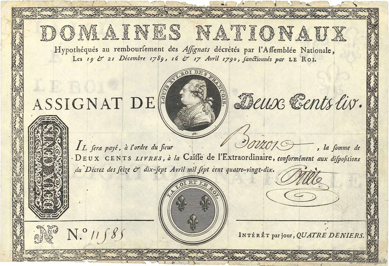200 Livres sans coupons FRANCE  1790 Ass.01a VF