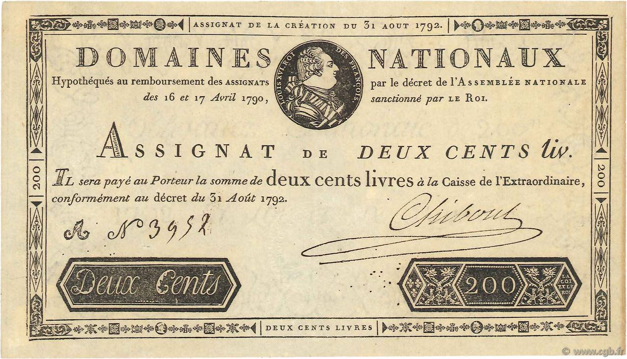 200 Livres FRANCE  1792 Ass.33a UNC
