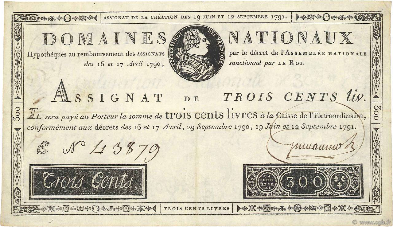 300 Livres FRANCE  1791 Ass.18a SUP