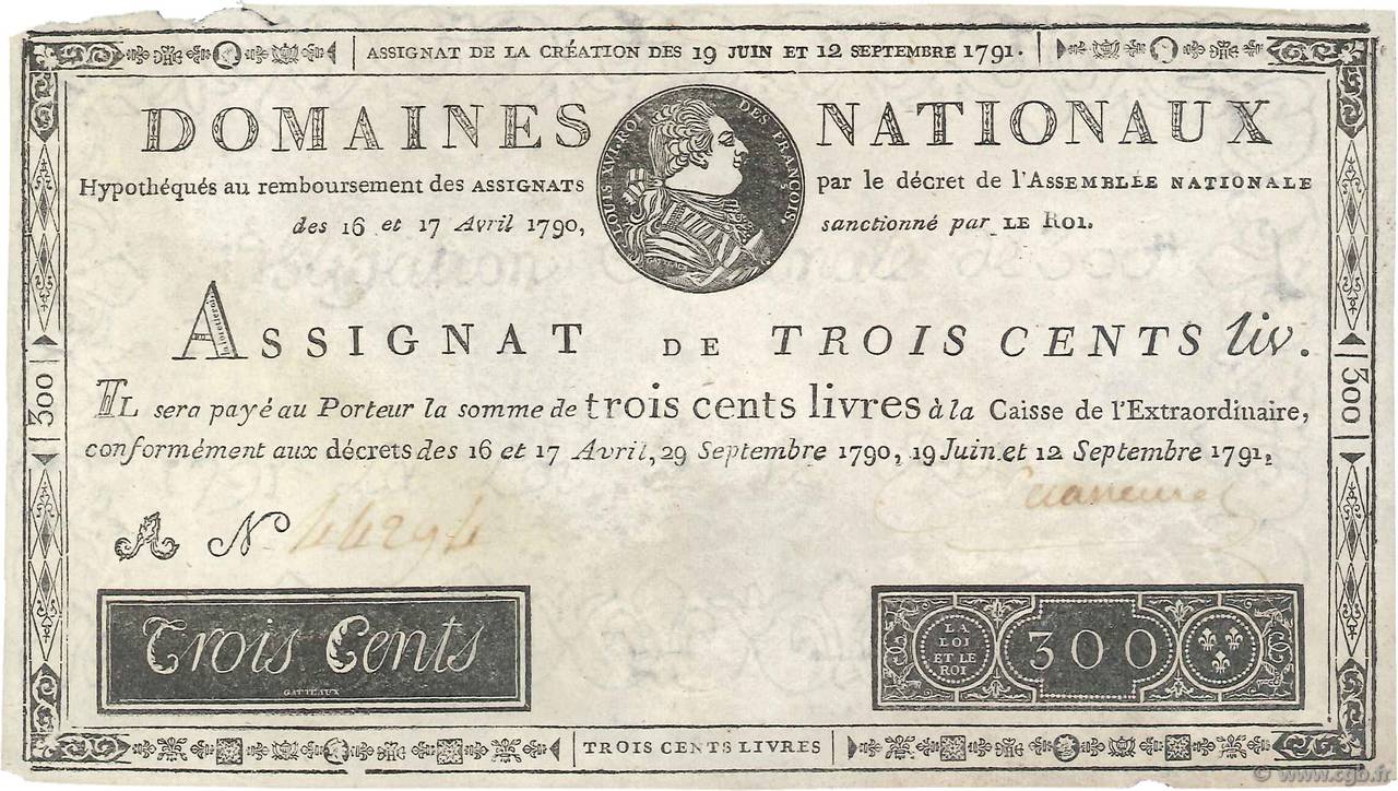 300 Livres Faux FRANCIA  1791 Ass.18f BB