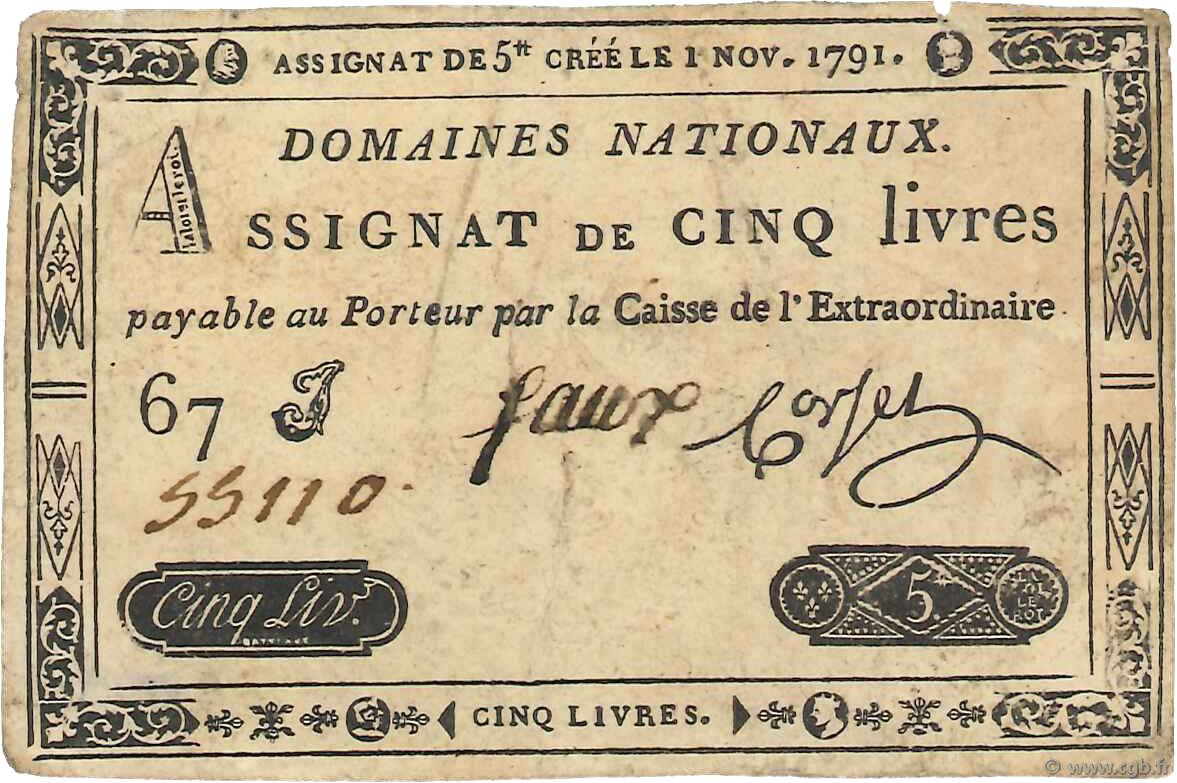 5 Livres Faux FRANCE  1791 Ass.20b VF