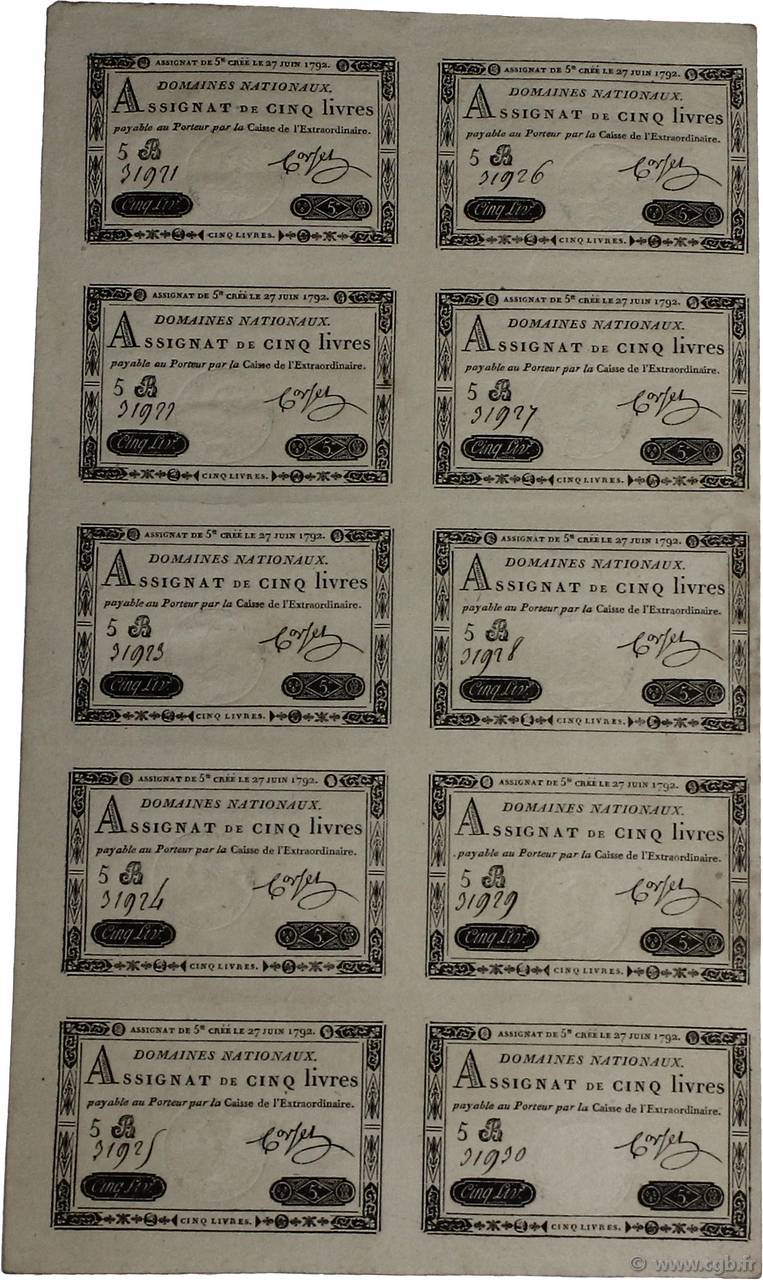5 Livres Planche FRANKREICH  1792 Ass.30a-p fST