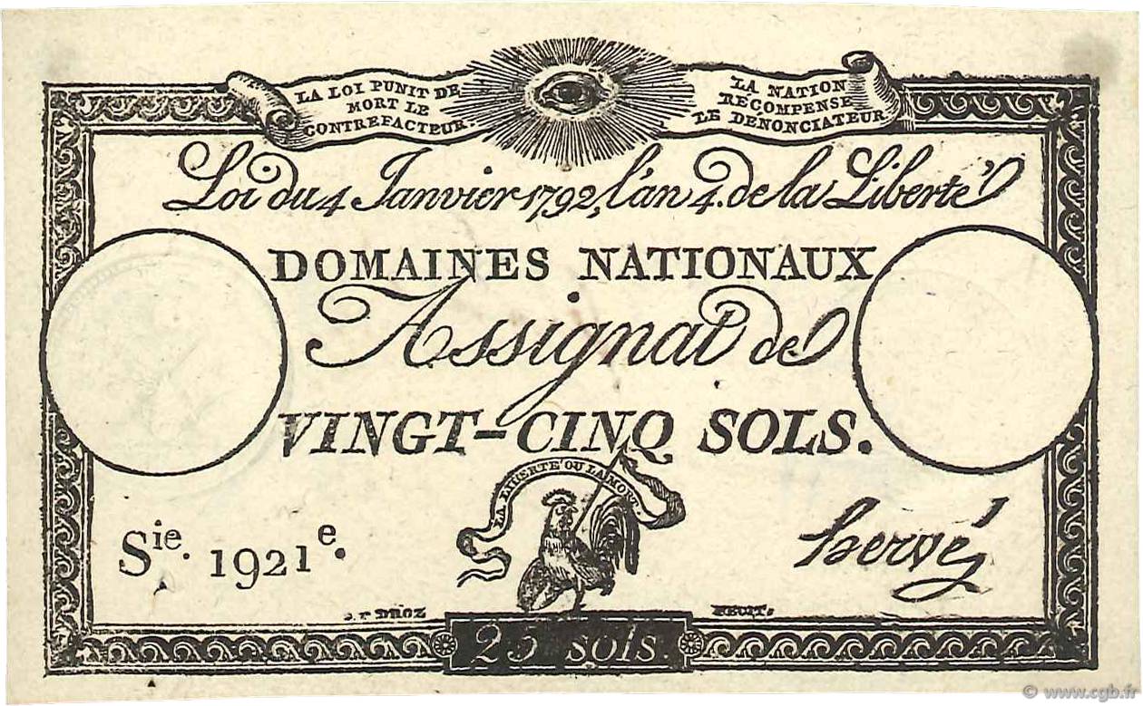 25 Sols Vérificateur FRANCE  1792 Ass.25c AU