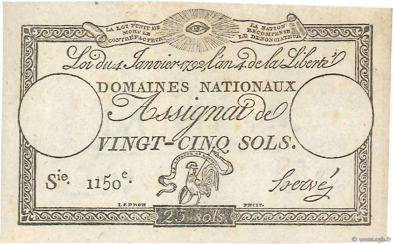 25 Sols Faux FRANCE  1792 Ass.25d UNC