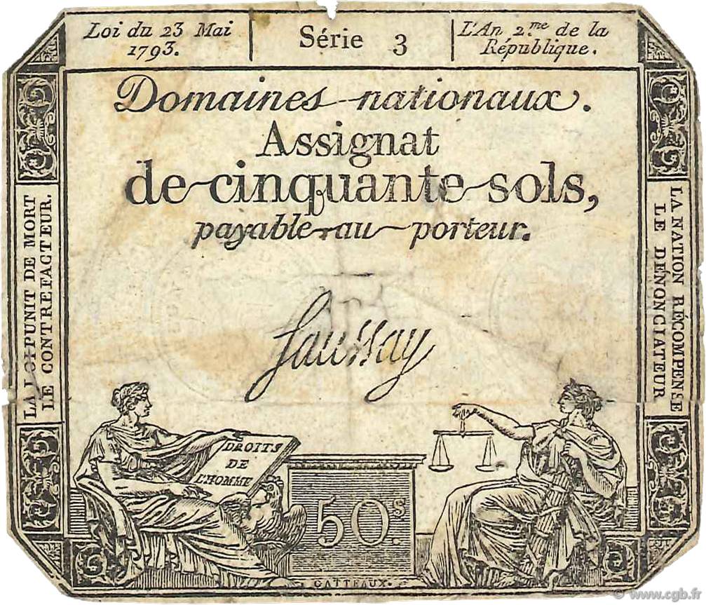 50 Sols Petit numéro FRANCE  1793 Ass.42a TB
