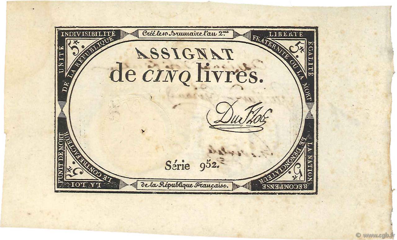 5 Livres Vérificateur FRANCE  1793 Ass.46b XF