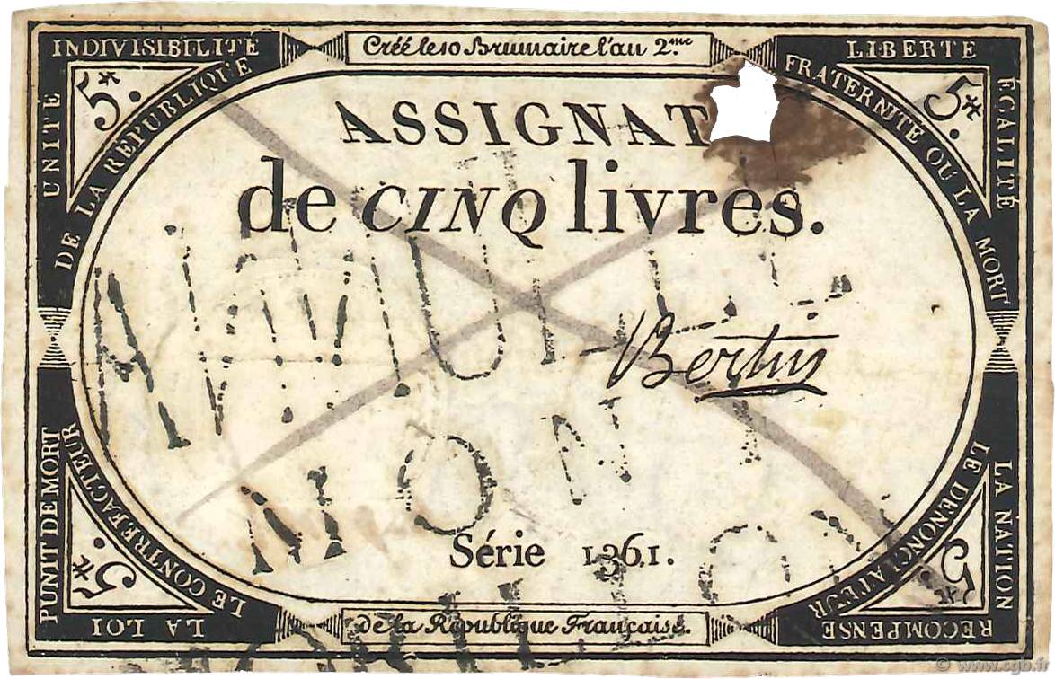 5 Livres Annulé FRANCIA  1793 Ass.46var BC+