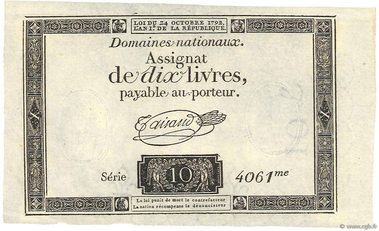 10 Livres filigrane royal FRANCE  1792 Ass.36a AU