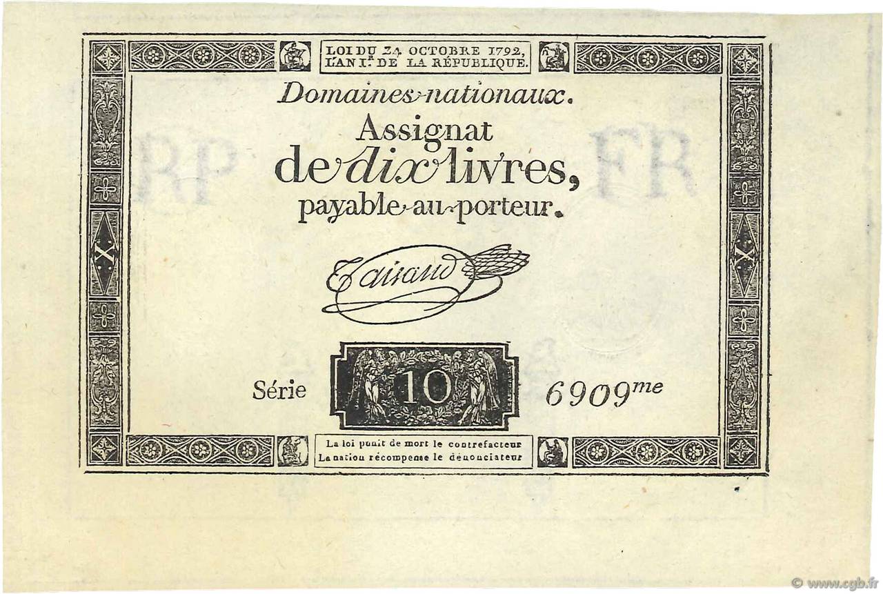10 Livres filigrane républicain FRANKREICH  1792 Ass.36e ST