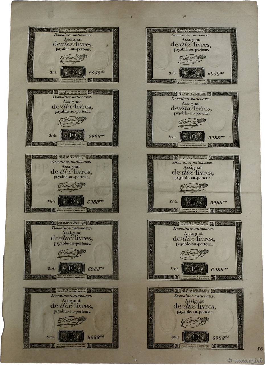 10 Livres filigrane républicain Planche FRANCE  1792 Ass.36e-p SPL