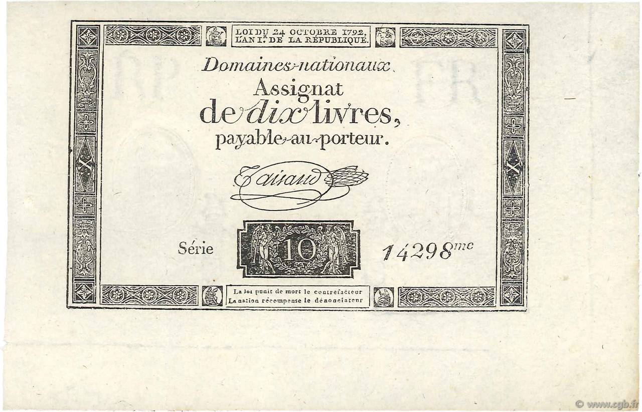 10 Livres filigrane républicain, gravure modifiée FRANCE  1792 Ass.36c NEUF