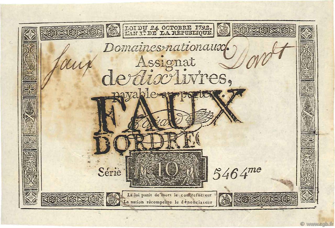 10 Livres filigrane royal Faux FRANCE  1792 Ass.36l AU