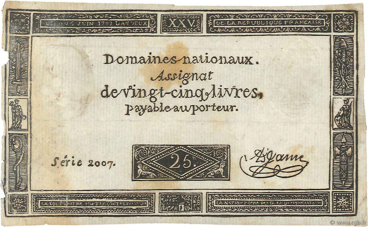 25 Livres Faux FRANCE  1793 Ass.43c VF+