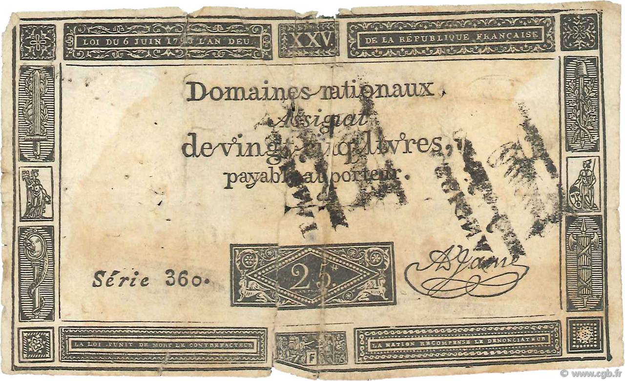 25 Livres Faux FRANCE  1793 Ass.43c variété VG