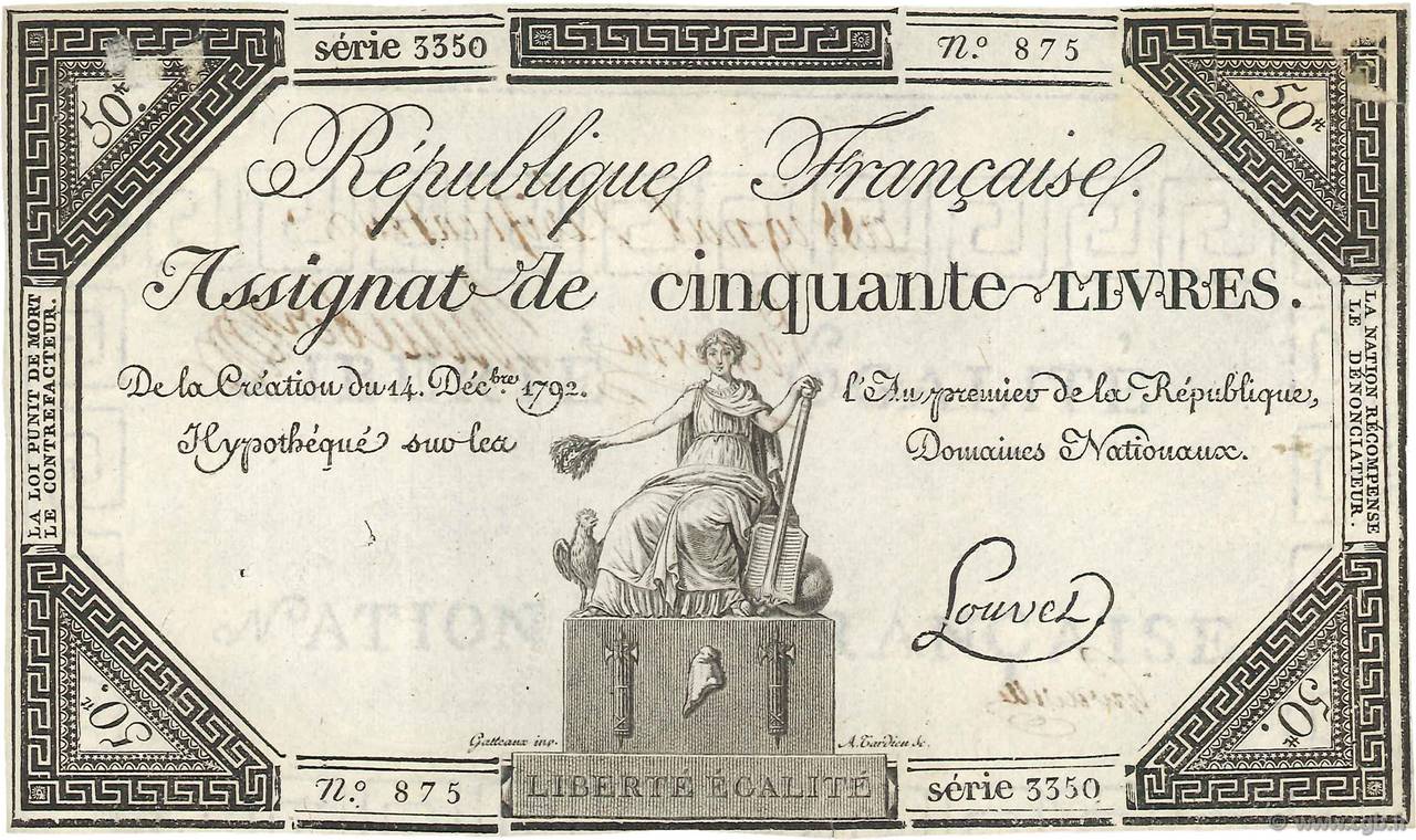 50 Livres Vérificateur FRANCE  1792 Ass.39e XF