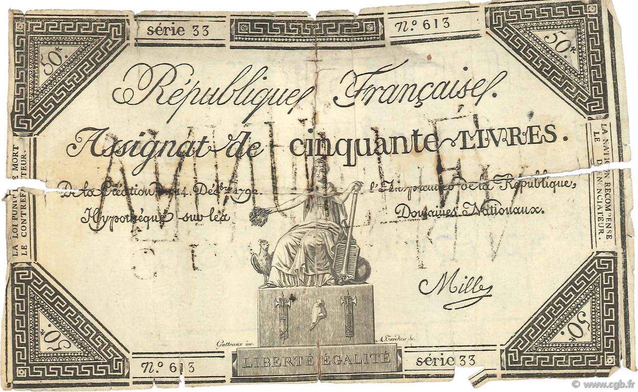 50 Livres Faux FRANCE  1792 Ass.39f var B