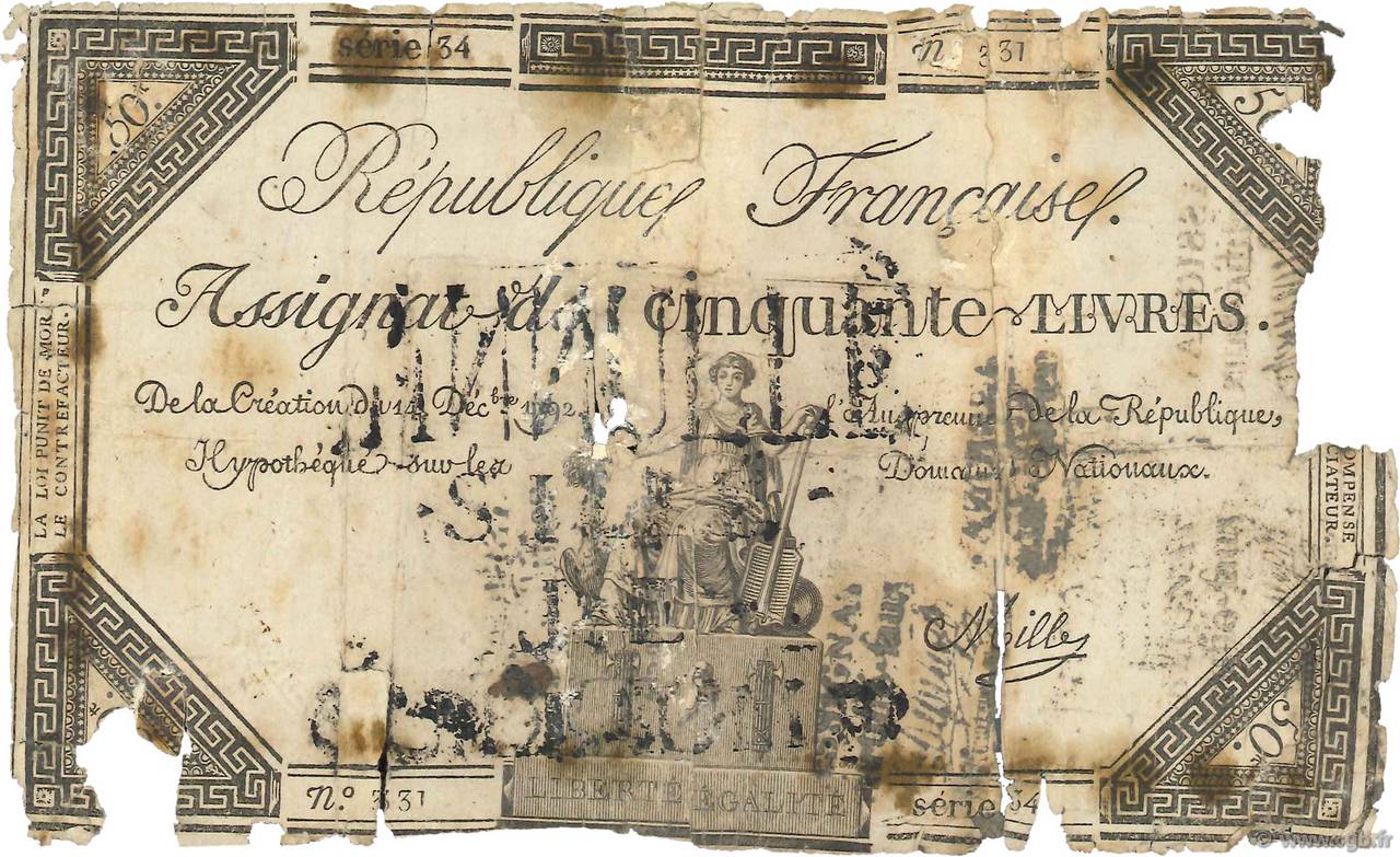 50 Livres Faux FRANKREICH  1792 Ass.39f var fGE