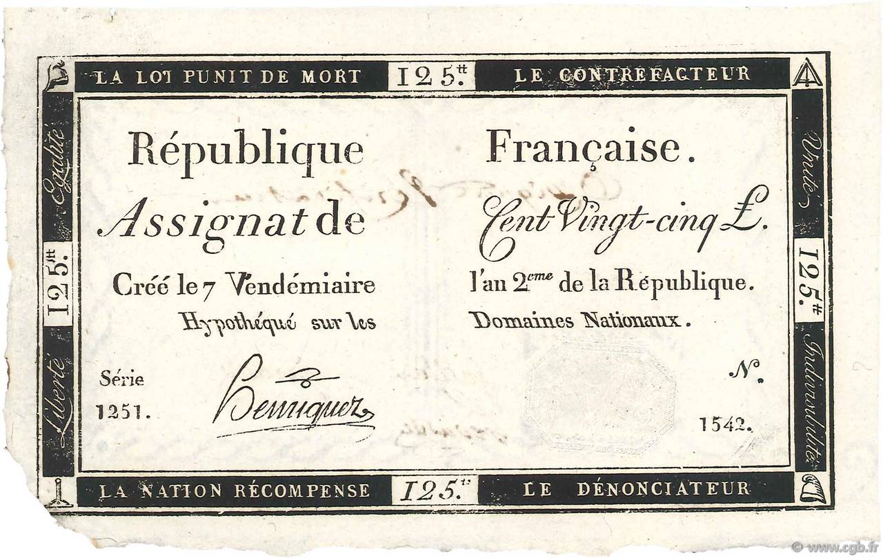 125 Livres Vérificateur FRANKREICH  1793 Ass.44b VZ+