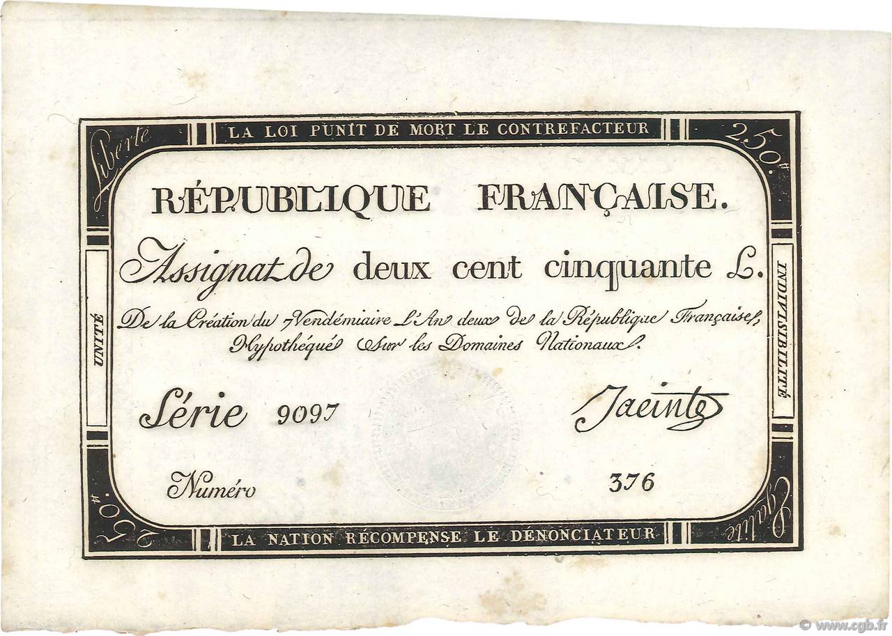 250 Livres FRANCIA  1793 Ass.45a FDC