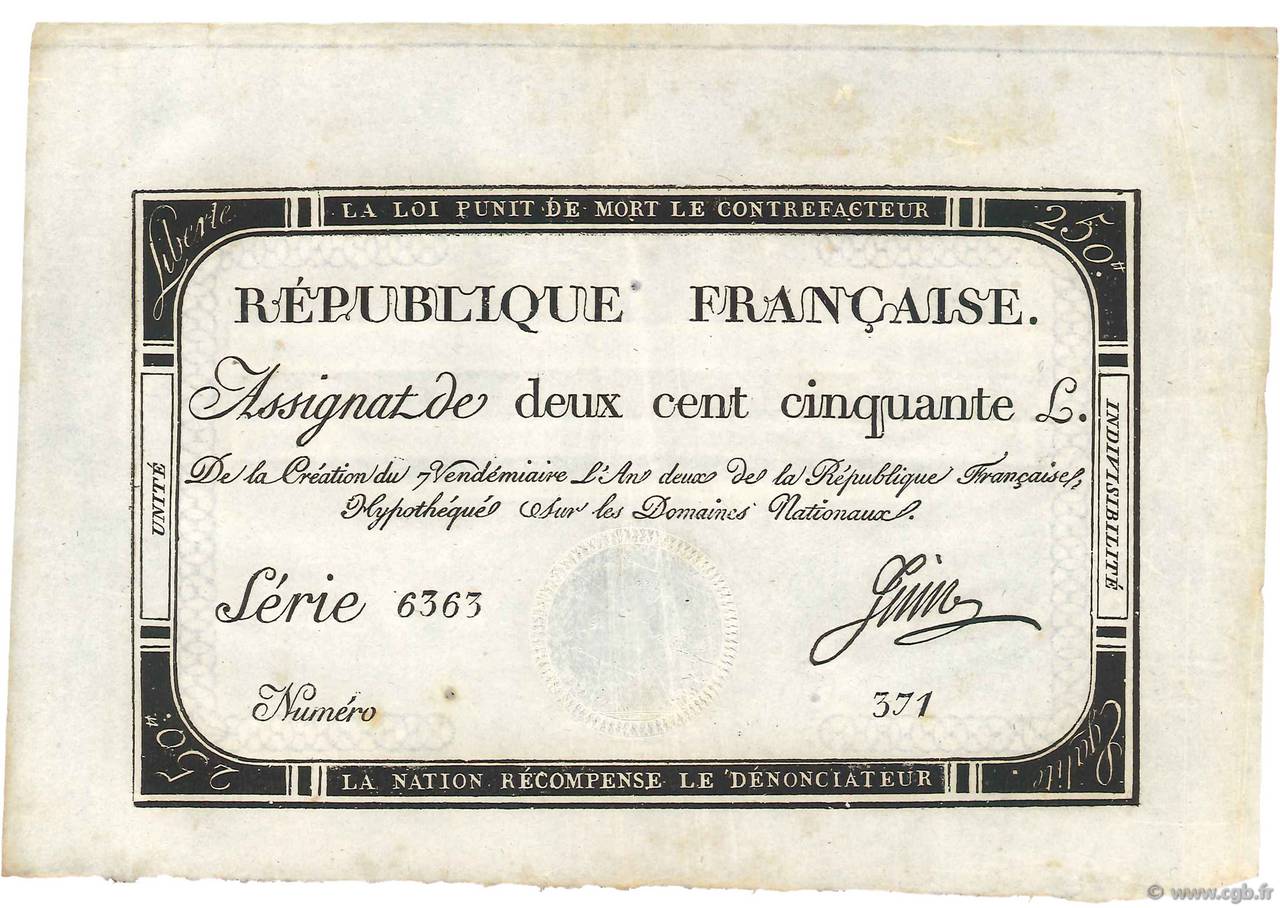 250 Livres FRANCE  1793 Ass.45a XF+